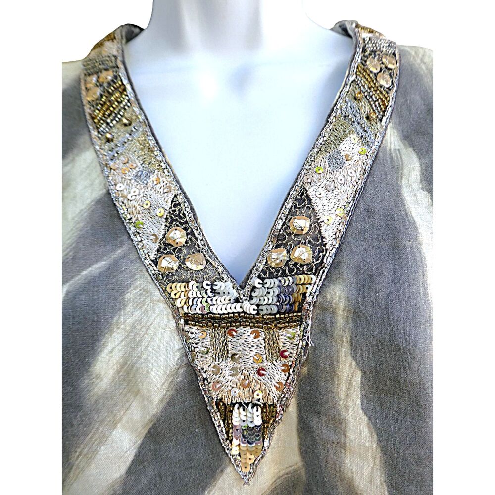 120% Lino Gray Zebra Linen Tunic Heavy Beaded V Neck Long Sleeve MSRP $445